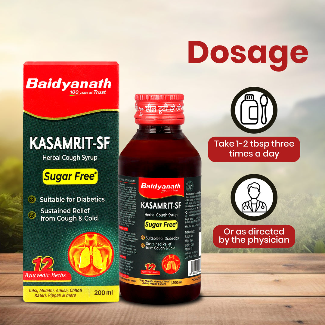 Baidyanath Kasamrit Sugar Free Herbal Cough Syrup with Goodness of Tulsi, Mulethi, Pippal, and 9 other Herbs