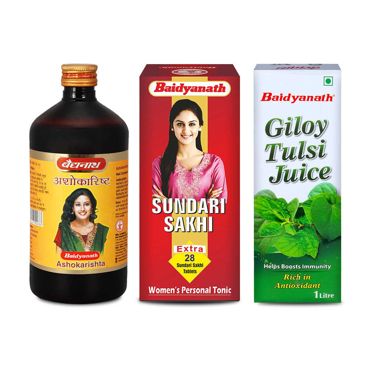 Baidyanath Menstrual Care Combo-Giloy Tulsi Juice1L, Ashokarishta450ML, Sundari Sakhi450ML  (Pack of 3)