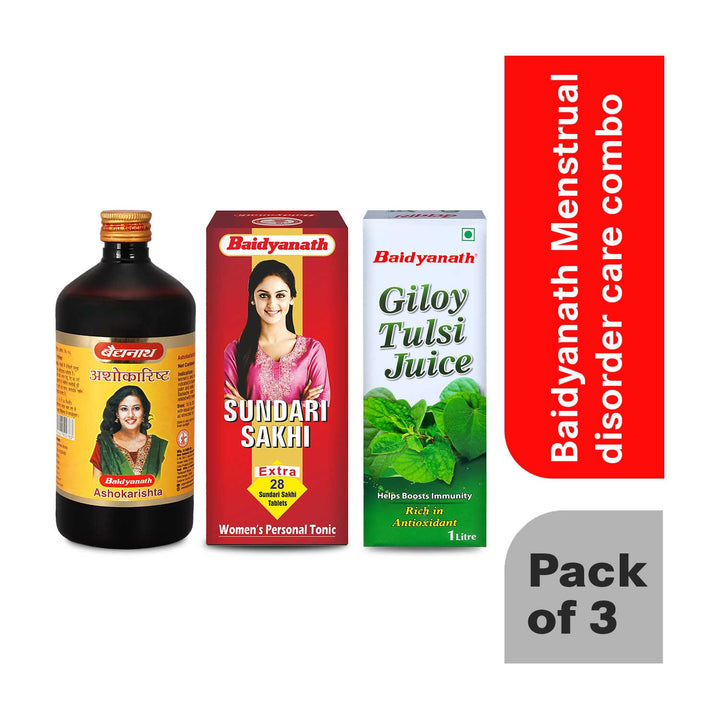 Baidyanath Menstrual Care Combo-Giloy Tulsi Juice1L, Ashokarishta450ML, Sundari Sakhi450ML  (Pack of 3)