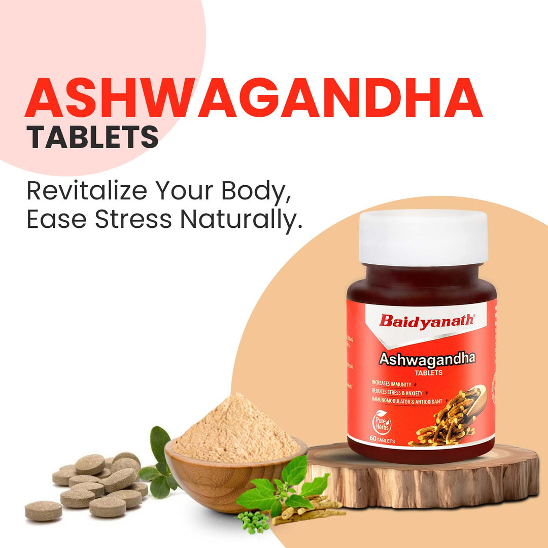 Baidyanath Ashwagandha tablets bottle displayed alongside a bowl filled with Ashwagandha powder.