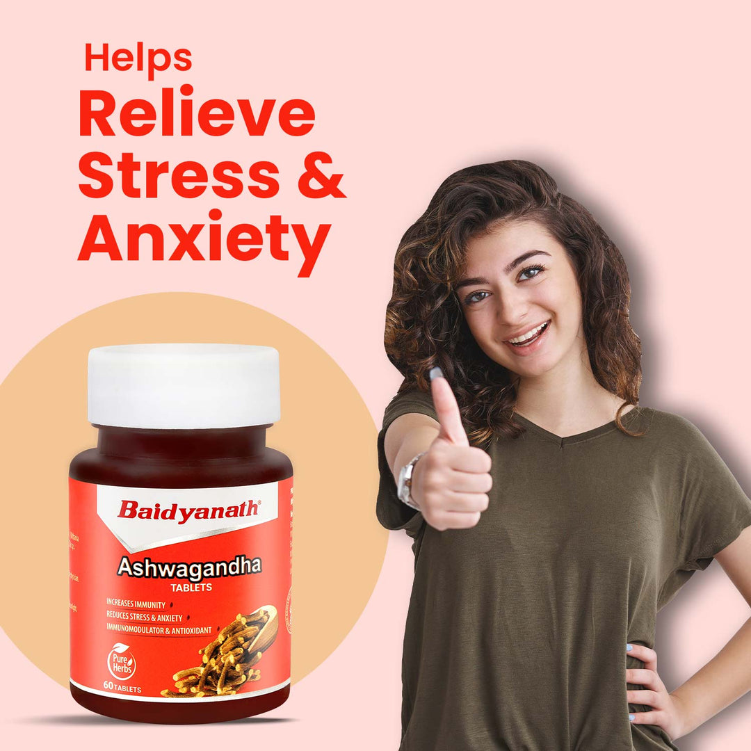 A girl giving a thumbs up ,Baidyanath Ashwagandha bottle, showcasing positivity and trust in the product.