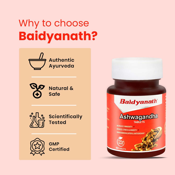 Baidyanath ashwagandha, tagline highlighted on top of image why to choose baidyanath? (authentic ayurveda, natural & safe, scientifically tested, gmp certified)