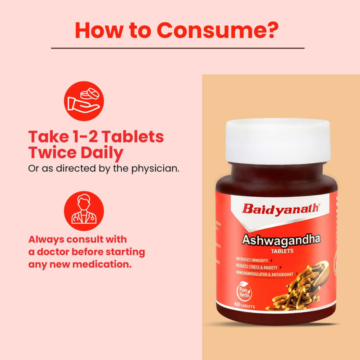 Baidyanath ashwagandha bottle tagline highlight (how to consume?)