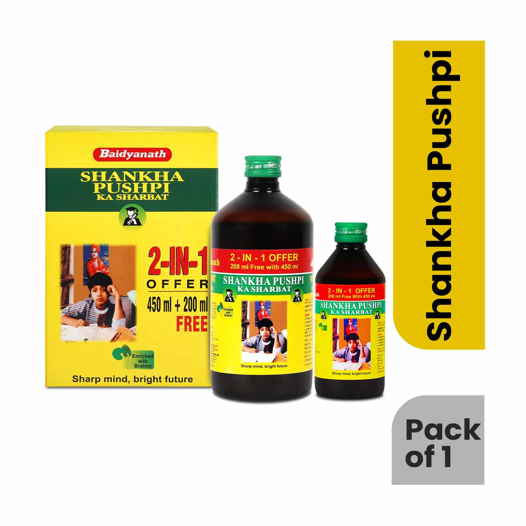 Baidyanath Shankhapushpi Sharbat - 650 ml ( 450ml+200ml Free) | Helps Improve Memory, Cognitive skills & Mental fatigue