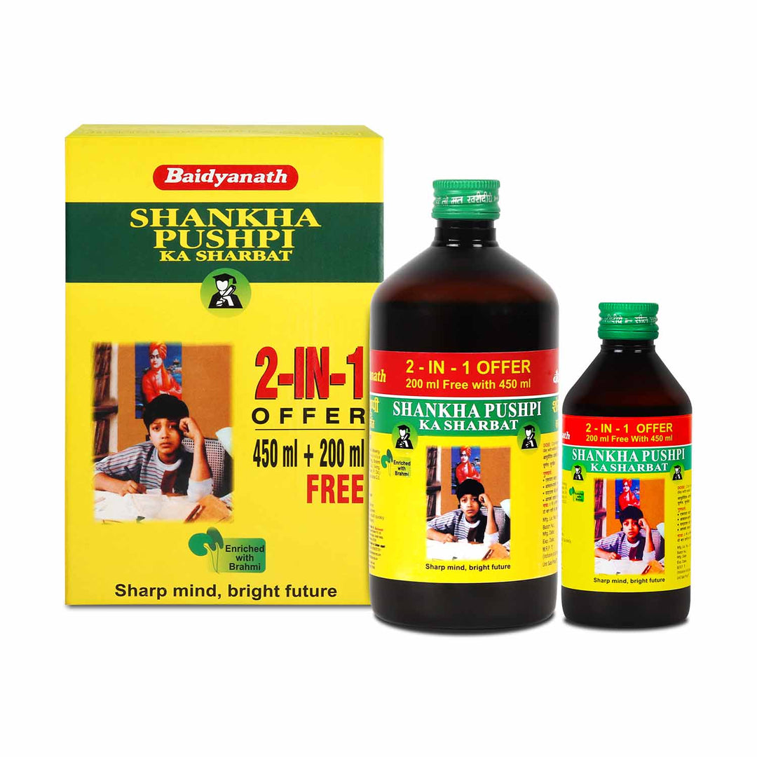 Baidyanath Shankhapushpi Sharbat - 650 ml ( 450ml+200ml Free) | Helps Improve Memory, Cognitive skills & Mental fatigue