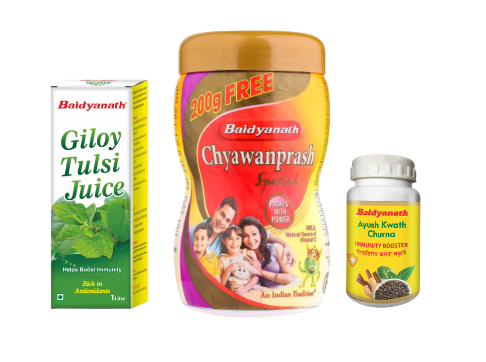 Baidyanath giloy tulsi juice, chyawanprash, ayush kwath churna.