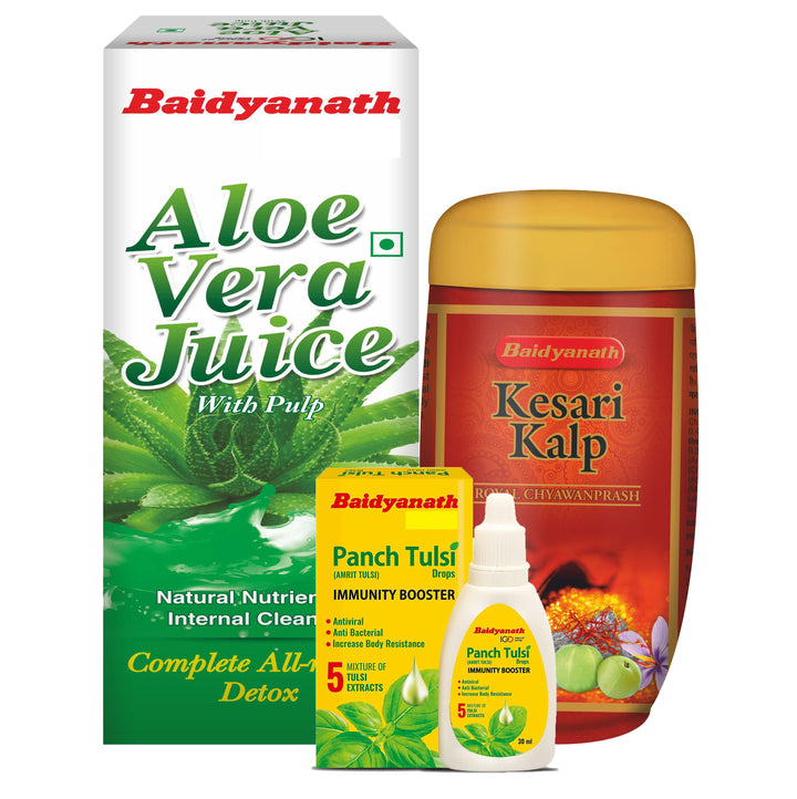 Baidyanath health gift packs include  baidyanath aloe vera juice, kesari kalp chyawanprash, panch tulsi juice.