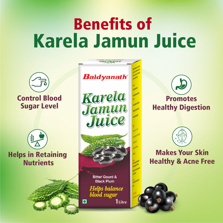 baidyanath karela jamun juice box, benefits of karela jamun juice, control blood sugar level, healthy digestion, nutrients acne free.